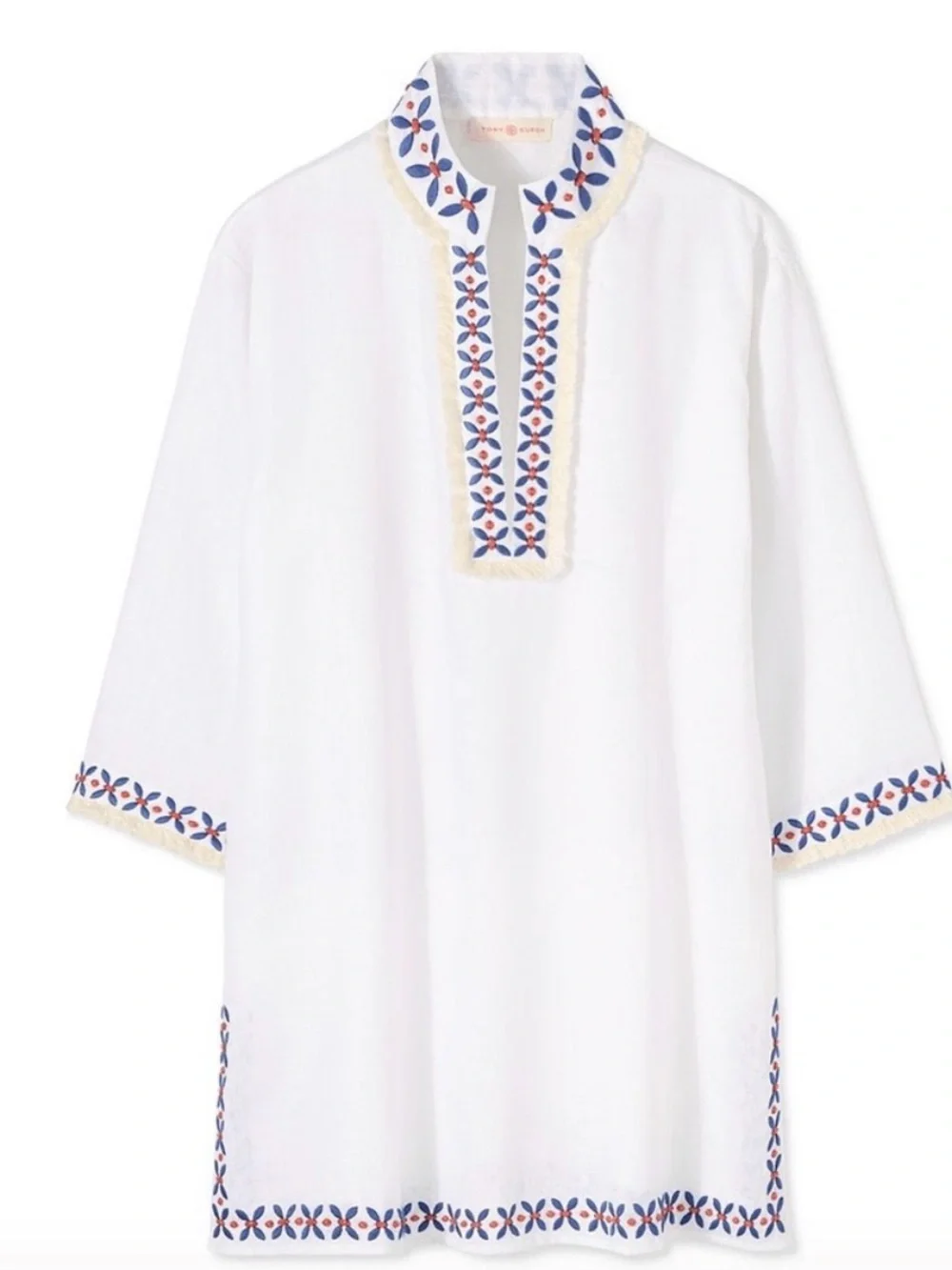 Tory Burch White Tunic with Blue Leaf & Red Dot Embroidery